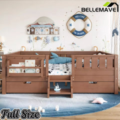 Bellemave® Montessori Bed with Stairs, Rails & Slats, Montessori Floor Bed with Bookshelf & 2 Storage Drawers for Girls & Boys Bellemave®