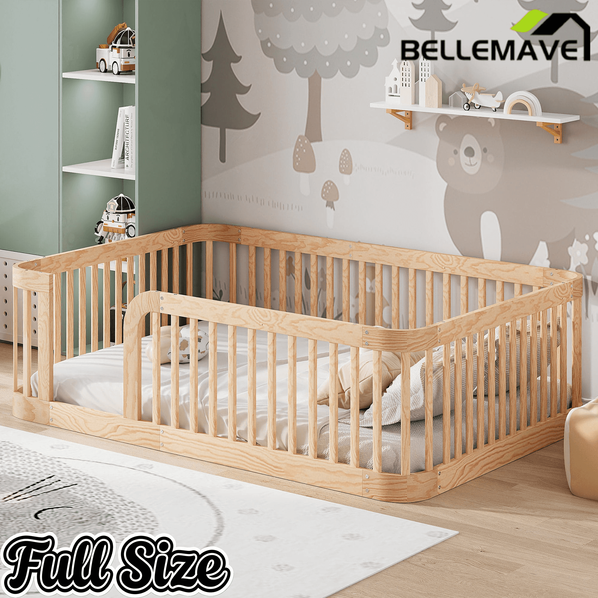 Bellemave® Twin Size Wood Montessori Floor Bed with Fence Bellemave®