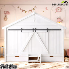 Bellemave® Farmhouse House Bed with Sliding Barn Door, Storage Drawers & Staircase, Wooden Kids House Bed Frame with Light