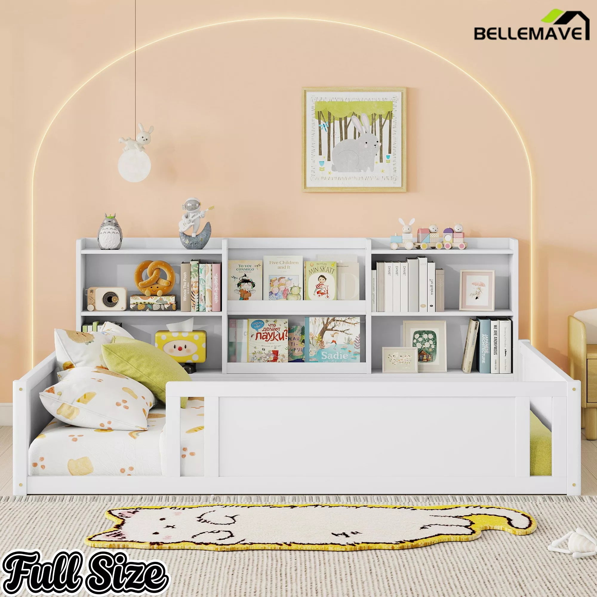 Full size kids floor bed with storage shelves bedroom view