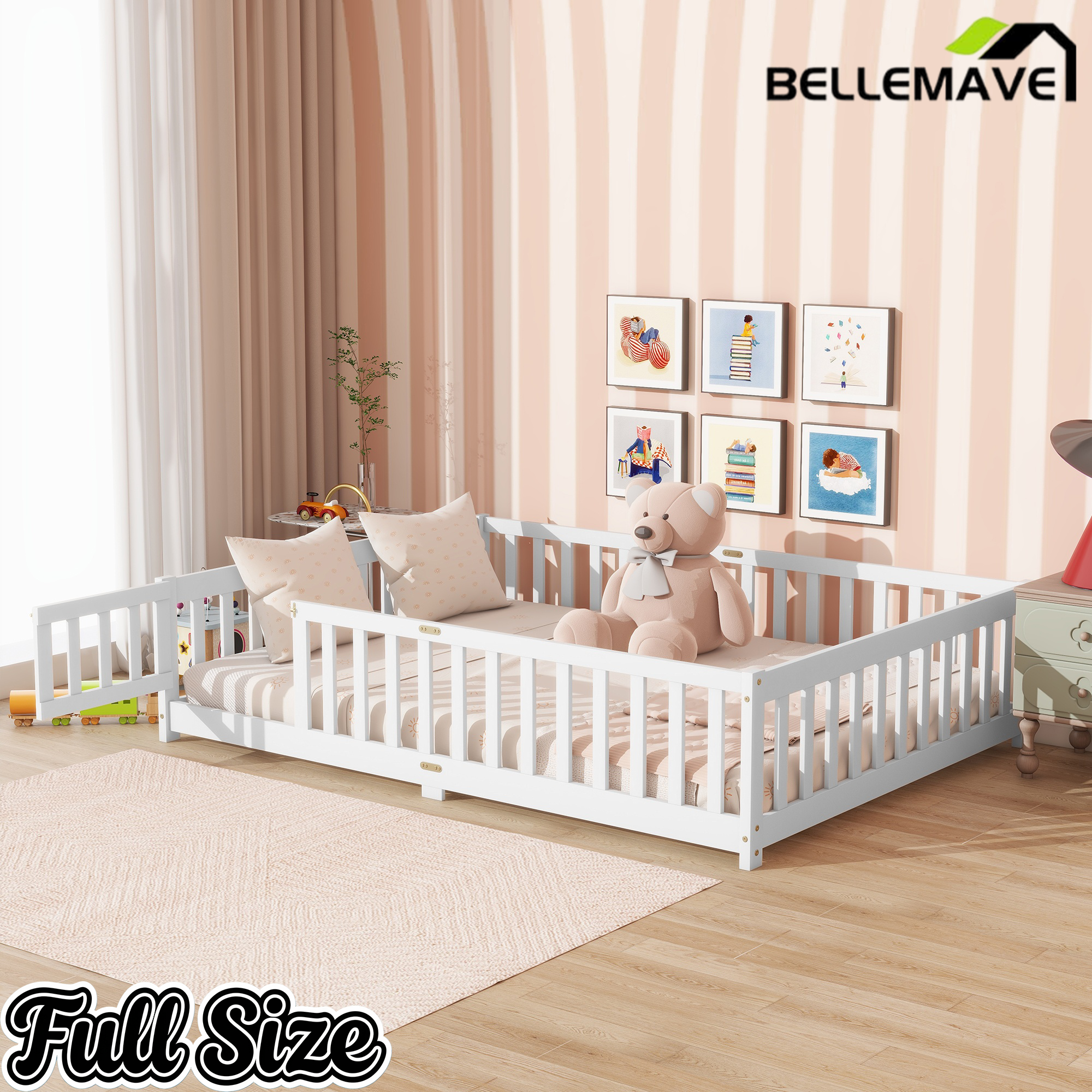 Bellemave® Twin Size Montessori Floor Bed for Kids,Twin Floor Bed Frame with Slats,Solid Wood Twin Bed Frame for Girls Boys,Grey Bellemave®