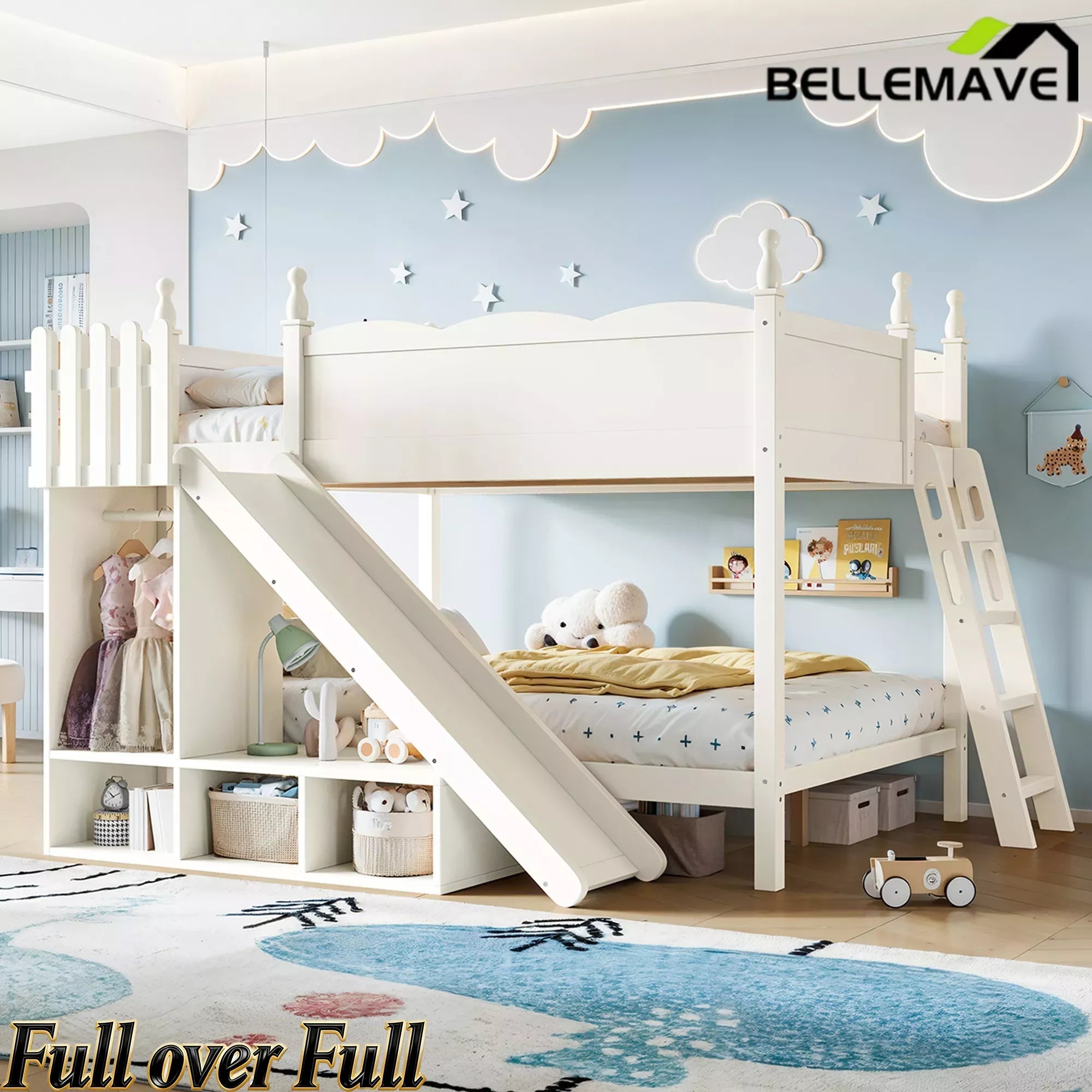 Bellemave® Full over Full Bunk Bed with Storage Shelves,Solid Wood Bed with Slide & Ladders, Low Profile Design Bellemave®