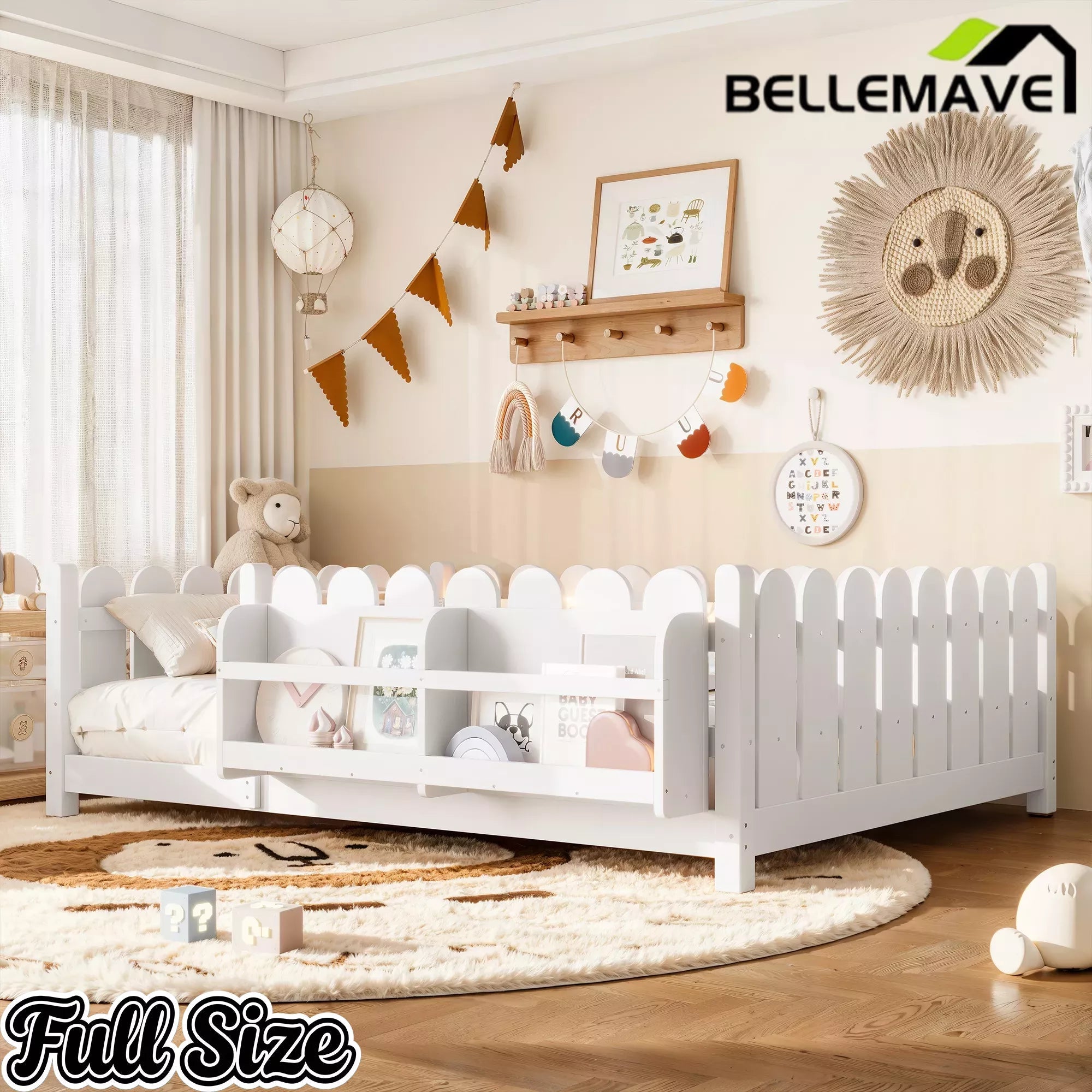Bellemave® Solid Wood Montessori Floor Bed with High Fence Guardrails, Bookshelf & LED Light, Low Profile Kids Bed Frame Bellemave®