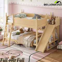 Bellemave® Full over Full Bunk Bed with Storage Shelves,Solid Wood Bed with Slide & Ladders, Low Profile Design Bellemave®