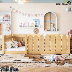 Bellemave® Solid Wood Montessori Floor Bed with Fence Guardrails, Low Profile Kids Floor Bed Frame