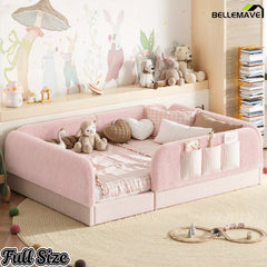 Bellemave® Kids Upholstered Floor Bed with Full Surround Safety Rails, Montessori Low Profile Bed with Teddy Fleece Frame & Side Storage Pocket