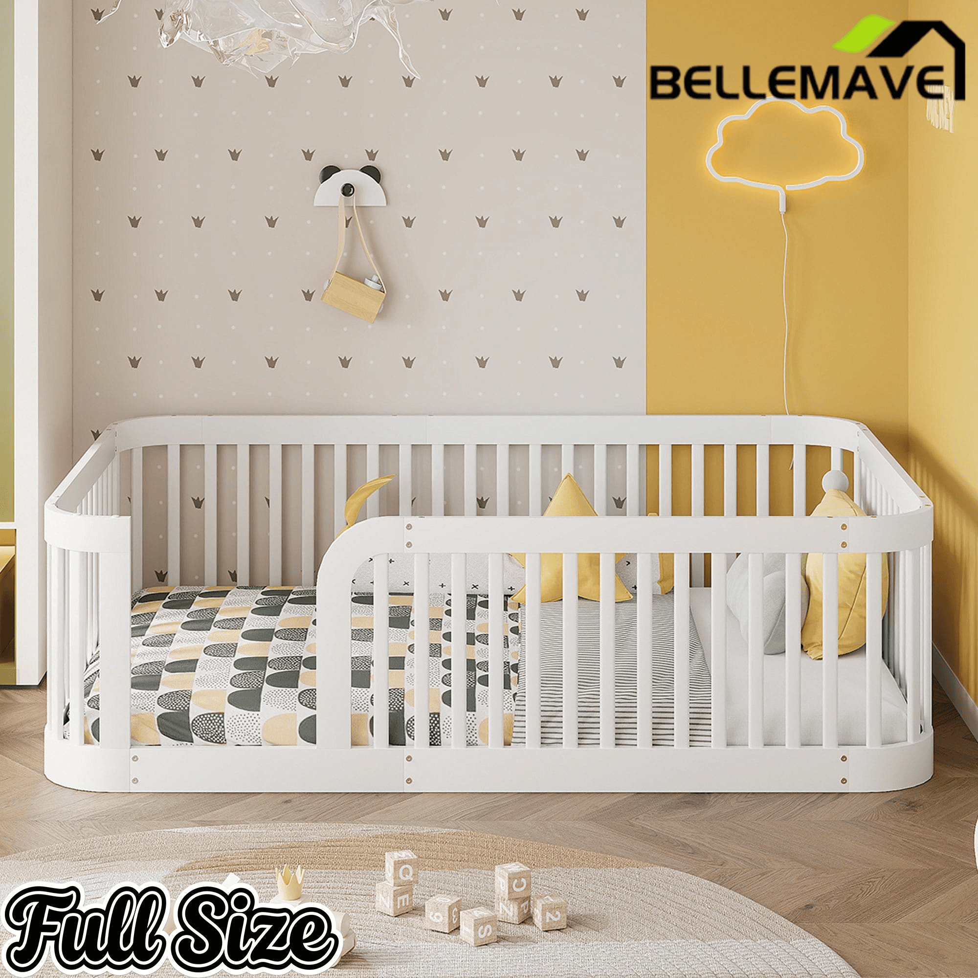 Bellemave® Twin Size Wood Montessori Floor Bed with Fence Bellemave®