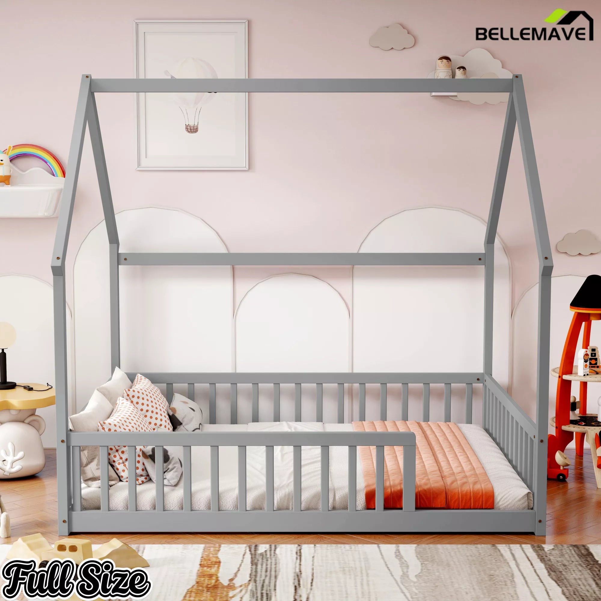 Bellemave® gray wooden full house floor bed frame with guardrails