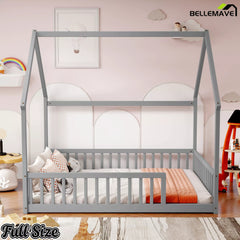 Bellemave® gray wooden full house floor bed frame with guardrails