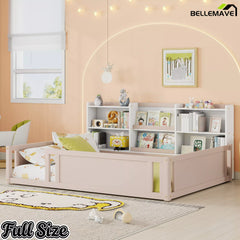 Nude& White wooden kids floor bed with storage shelves and safety rails