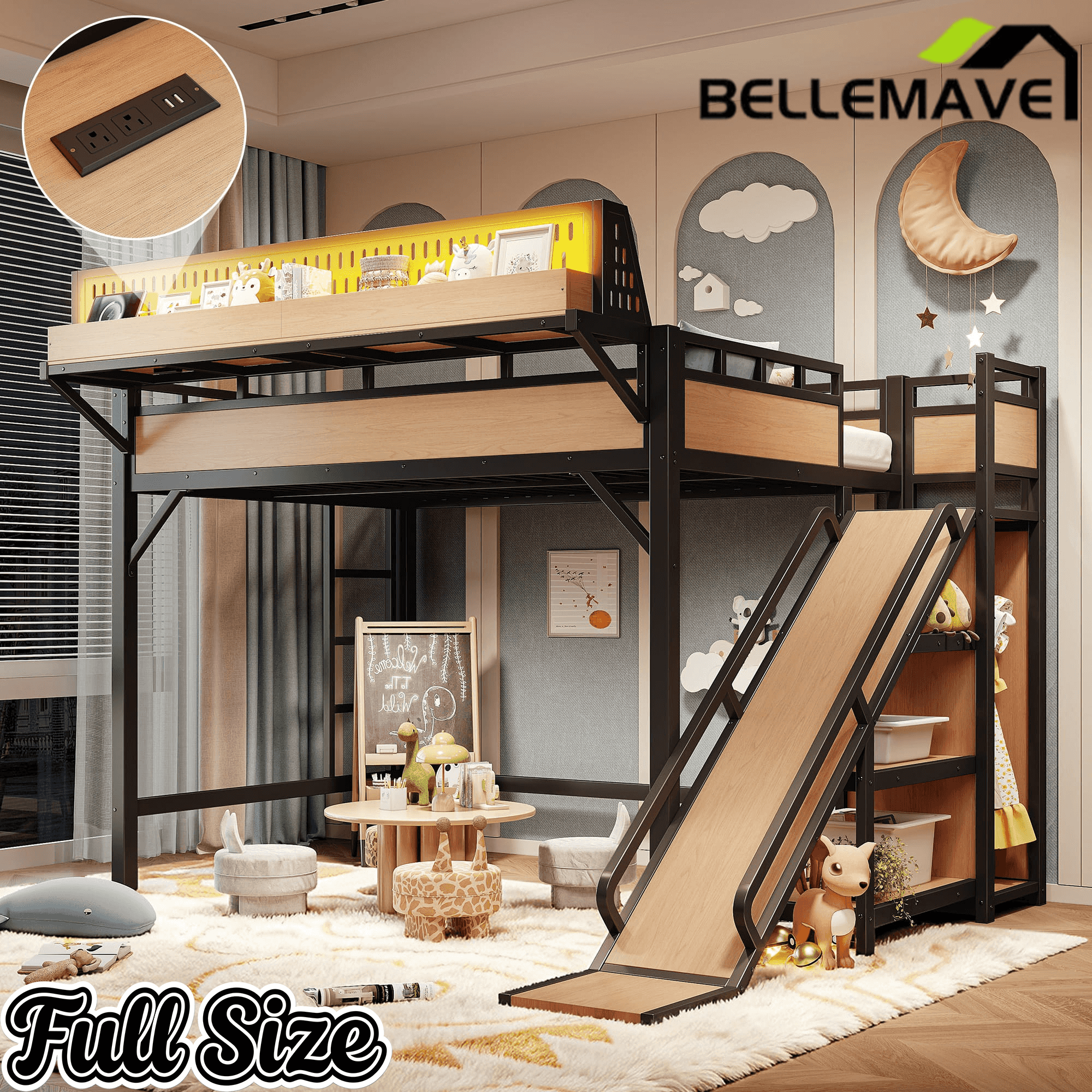 Bellemave® Loft Bed with Ladder, Storage Shelves & Slide,Wardrobe & Pegboard, Metal Loft Bed Frame with USB Ports & LED Lights Bellemave®