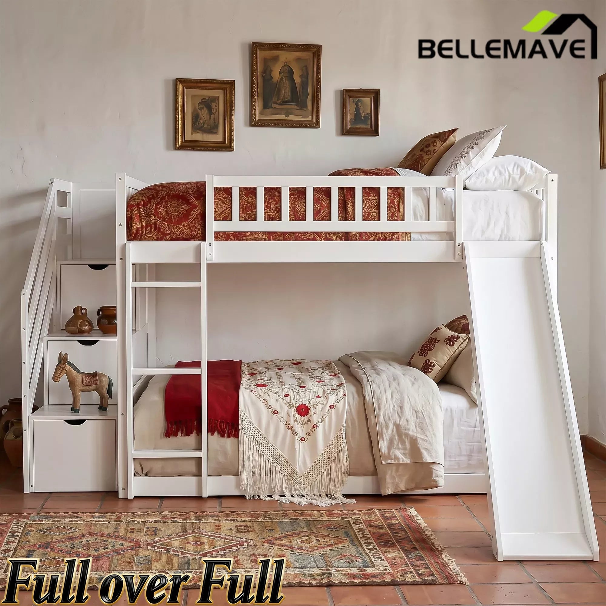 Bellemave® Full over Full Size Bunk Bed with Slide & Storage Stairs for Kids | Solid Wood Low Bunk with Safety Guardrails, No Box Spring, White Bellemave®