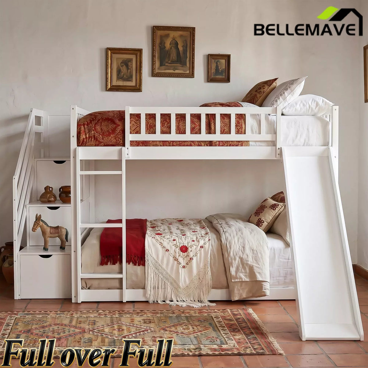 Bellemave® Full over Full Size Bunk Bed with Slide & Storage Stairs for Kids | Solid Wood Low Bunk with Safety Guardrails, No Box Spring, White Bellemave®