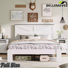 Bellemave® White Solid Wood Platform Bed with Headboard, Footboard & Storage Bellemave®
