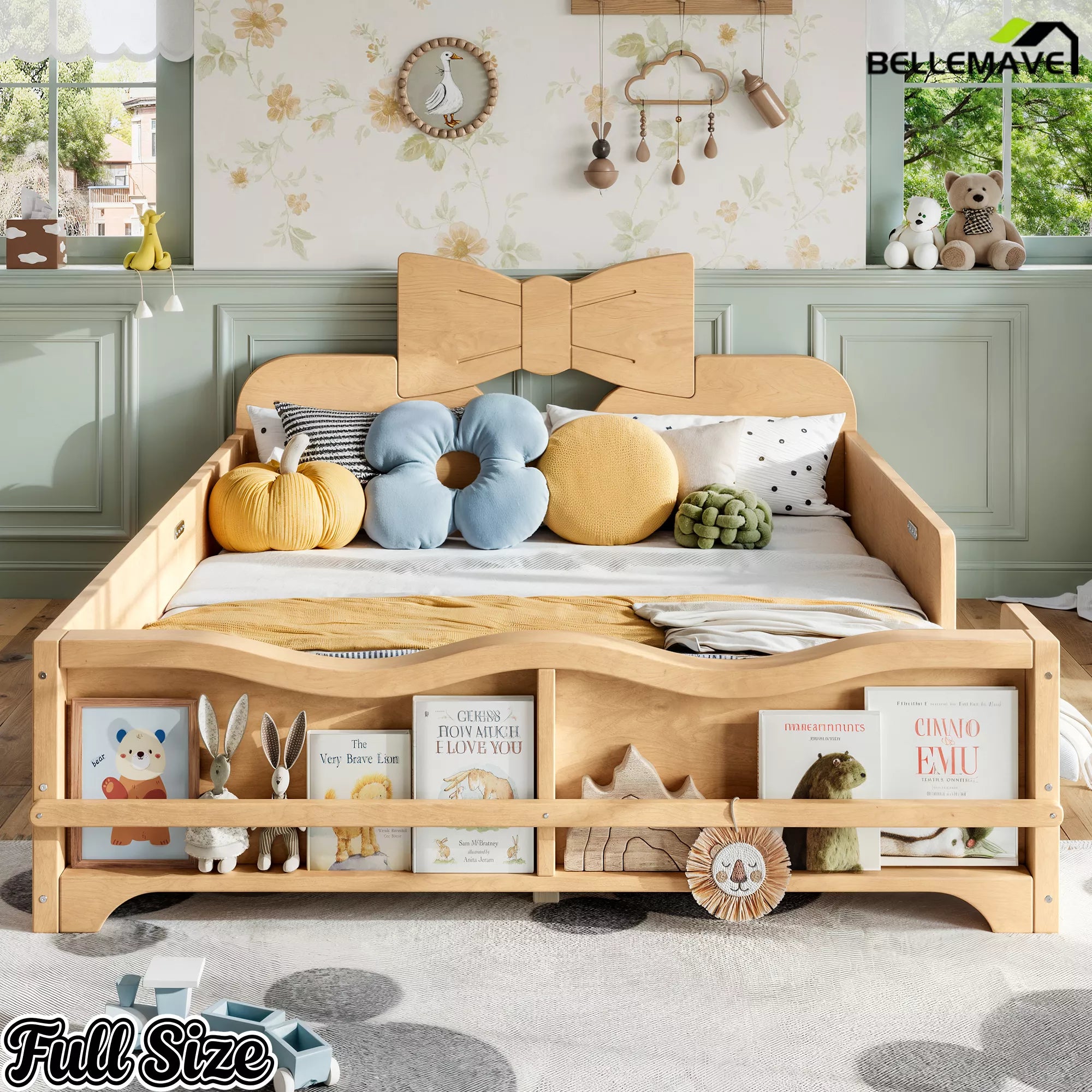Front view natural wood full size children bed frame with bow headboard, wavy safety rails and book storage shelf