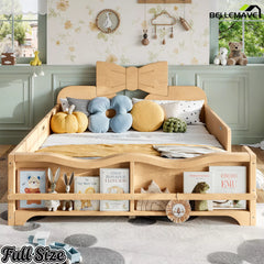 Front view natural wood full size children bed frame with bow headboard, wavy safety rails and book storage shelf