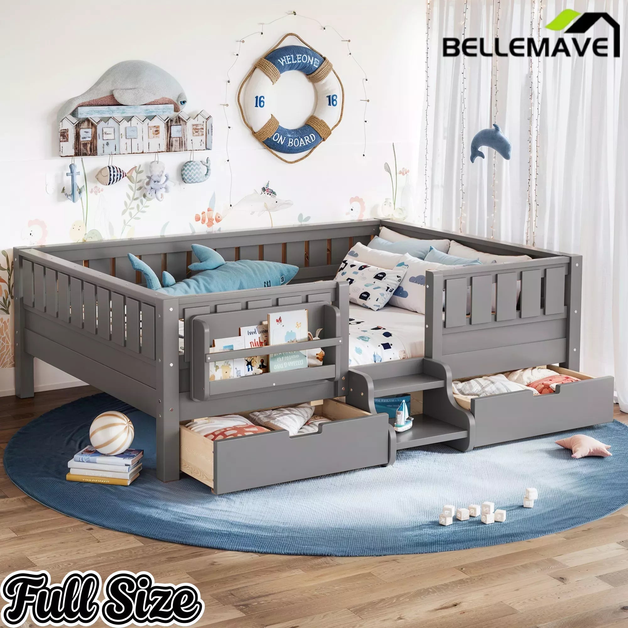 Bellemave® Montessori Bed with Stairs, Rails & Slats, Montessori Floor Bed with Bookshelf & 2 Storage Drawers for Girls & Boys Bellemave®