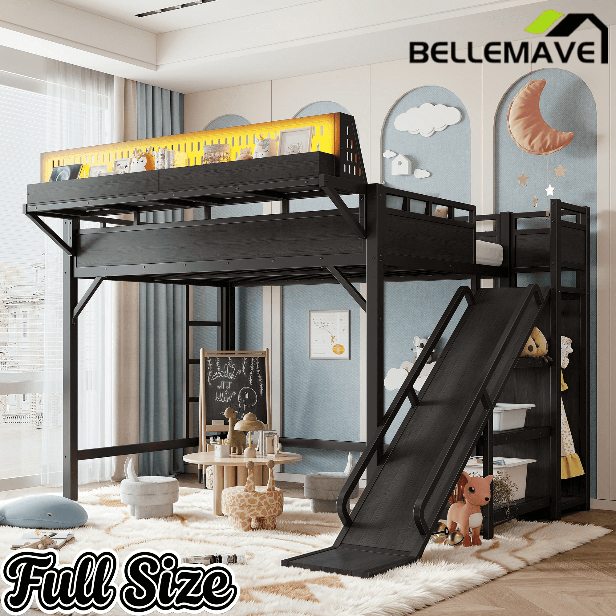 Bellemave® Loft Bed with Ladder, Storage Shelves & Slide,Wardrobe & Pegboard, Metal Loft Bed Frame with USB Ports & LED Lights Bellemave®