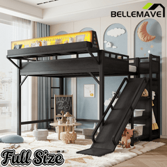 Bellemave® Loft Bed with Ladder, Storage Shelves & Slide,Wardrobe & Pegboard, Metal Loft Bed Frame with USB Ports & LED Lights Bellemave®