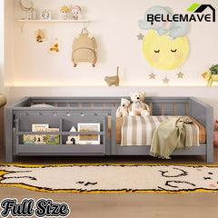 Bellemave® Kids Montessori Floor Bed with Safety Guardrails, Built-in Bookcase & Wooden Slats — Twin, Full, Queen Sizes Bellemave®