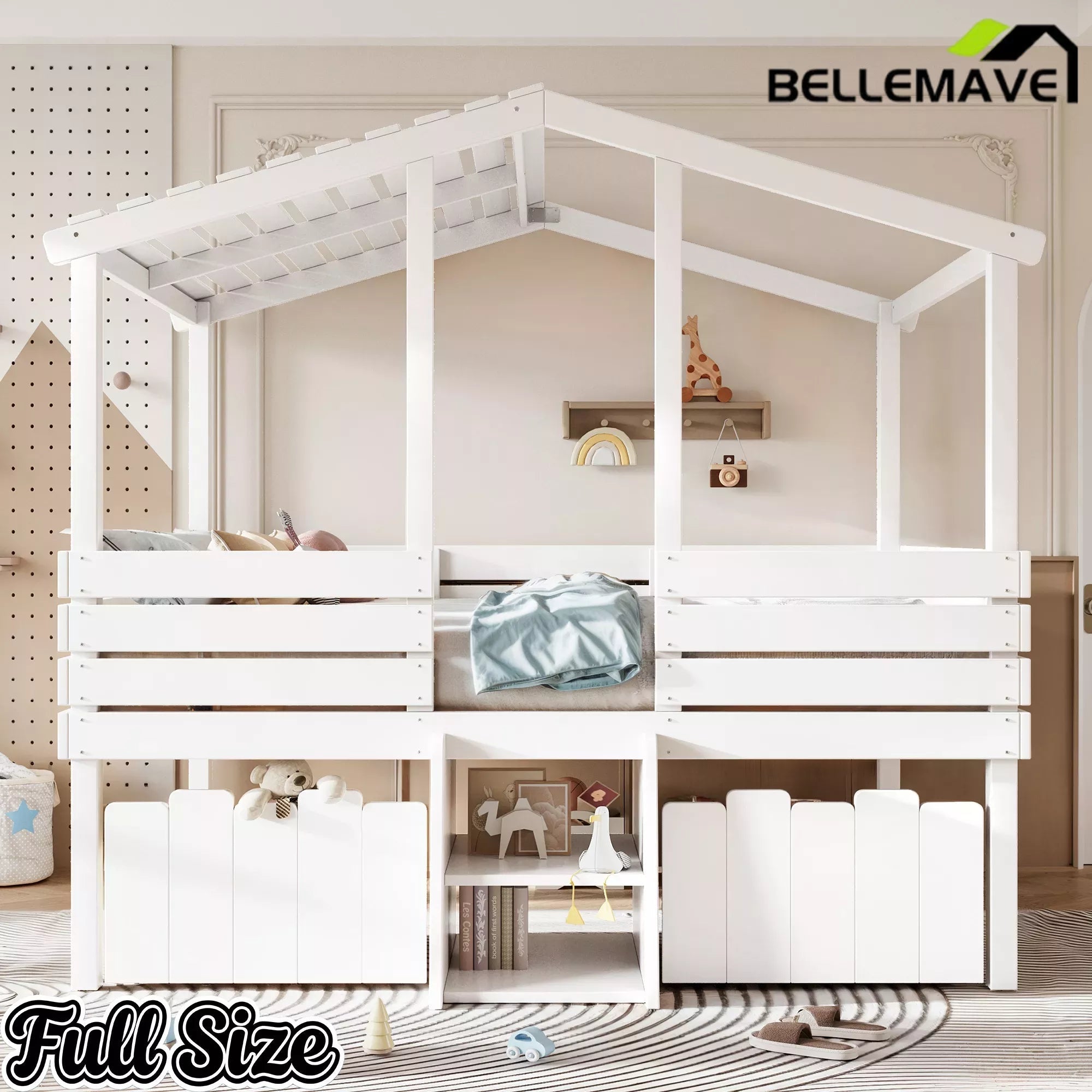 Bellemave® House Bed with Stairs & Storage Drawers for Kids, Wood Low Loft Bed Frame, House-shaped Roof, Childlike Design, Farmhouse Style Bellemave®