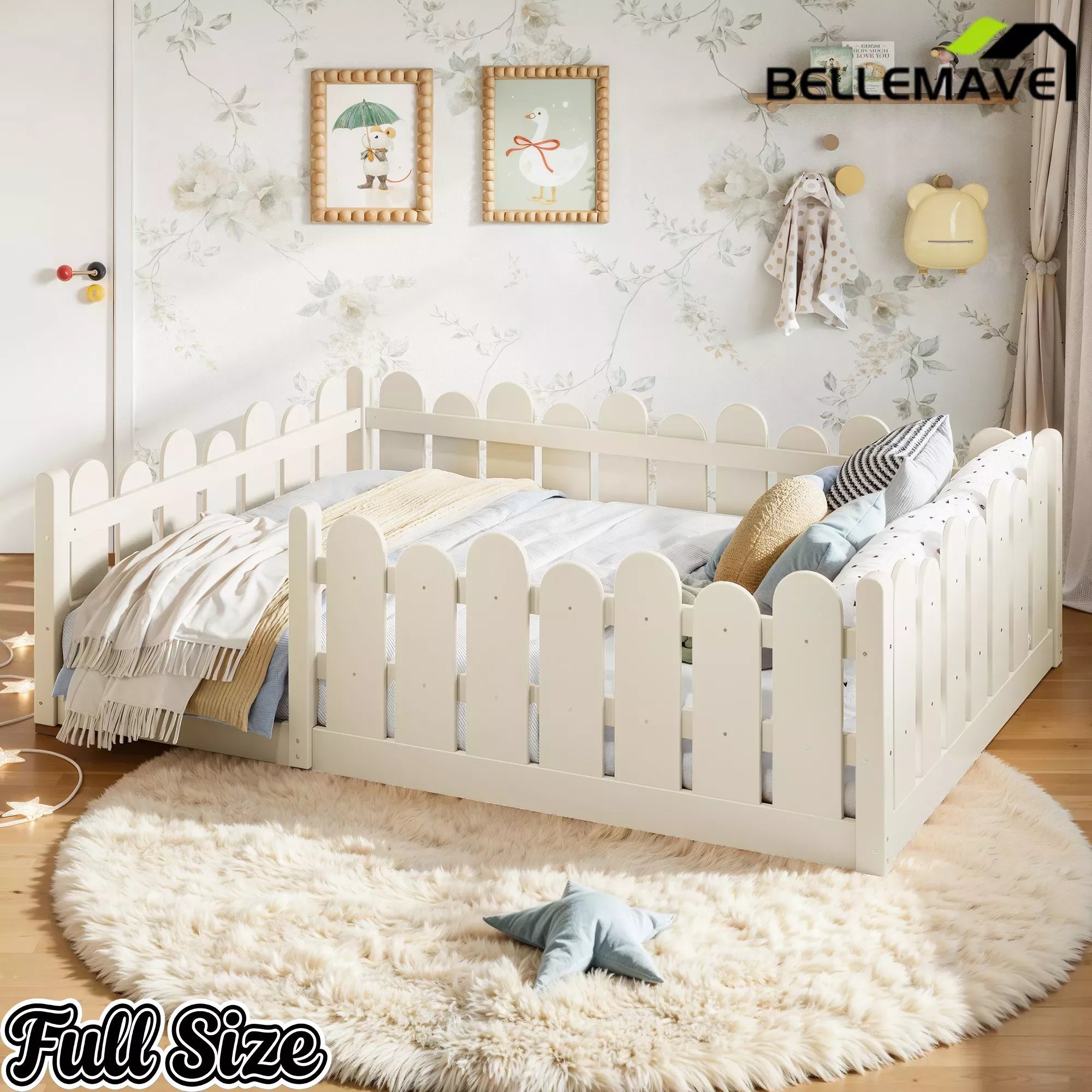 Bellemave® Kids Montessori Floor Bed with Rounded Safety Guardrail,Solid Wood Montessori Bed for Girls & Boys Bellemave®