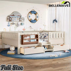 Bellemave® Montessori Bed with Stairs, Rails & Slats, Montessori Floor Bed with Bookshelf & 2 Storage Drawers for Girls & Boys Bellemave®