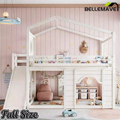 Bellemave® House Loft Bed with Slide, Bookshelves & Built-in Wardrobe | Natural Wood Playhouse Bunk Bed for Kids Bellemave®
