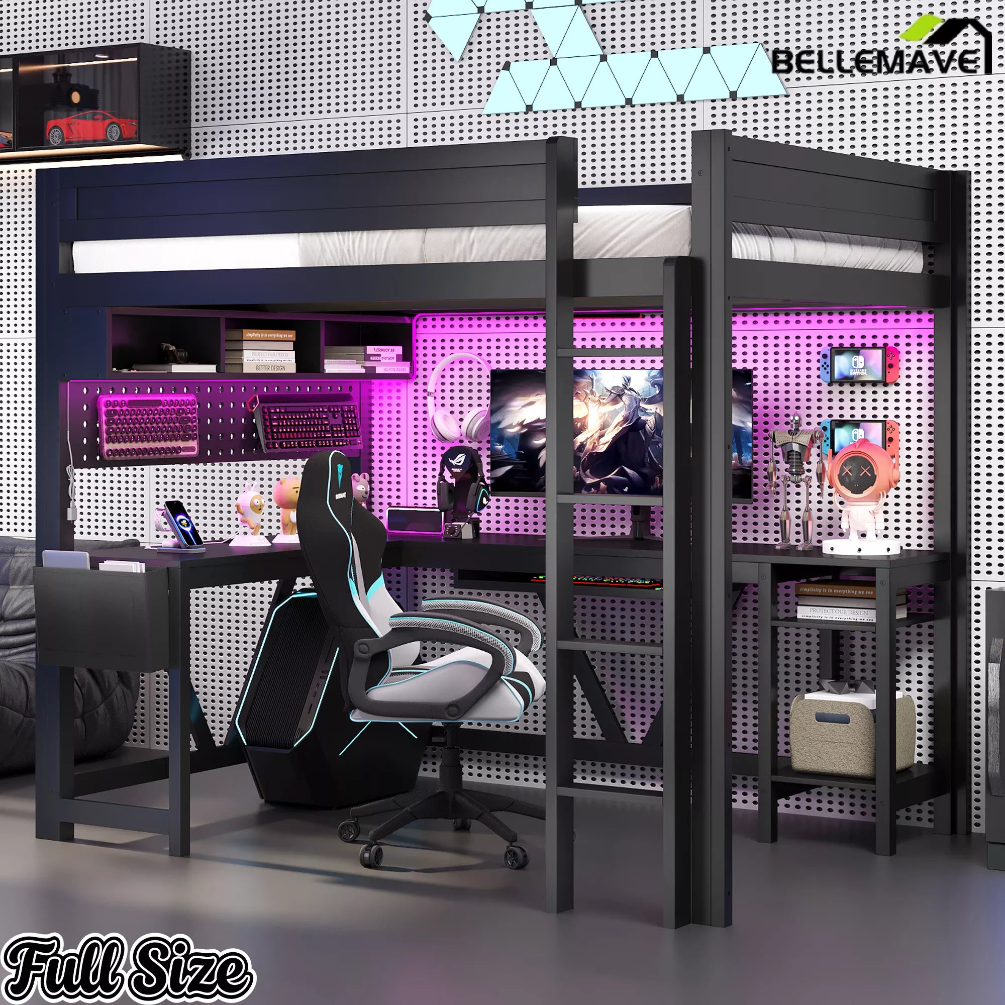 teen gaming loft bed with desk and charging station