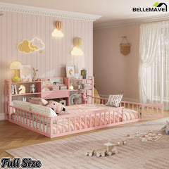 Bellemave® Floor Bed Frame with Bookcase and 3-Tier Storage Shelves, Montessori Style Kids Bed with Safety Fence