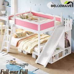 Bellemave® Full over Full Bunk Bed with Storage Shelves,Solid Wood Bed with Slide & Ladders, Low Profile Design Bellemave®