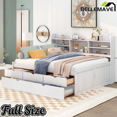 Bellemave Full Size Captain Bed, Full Beds with Trundle & Storage Drawers, Wood Daybed Frame with Bookcase Headboard & Slats Support for Kids Teens, Antique Brown Bellemave