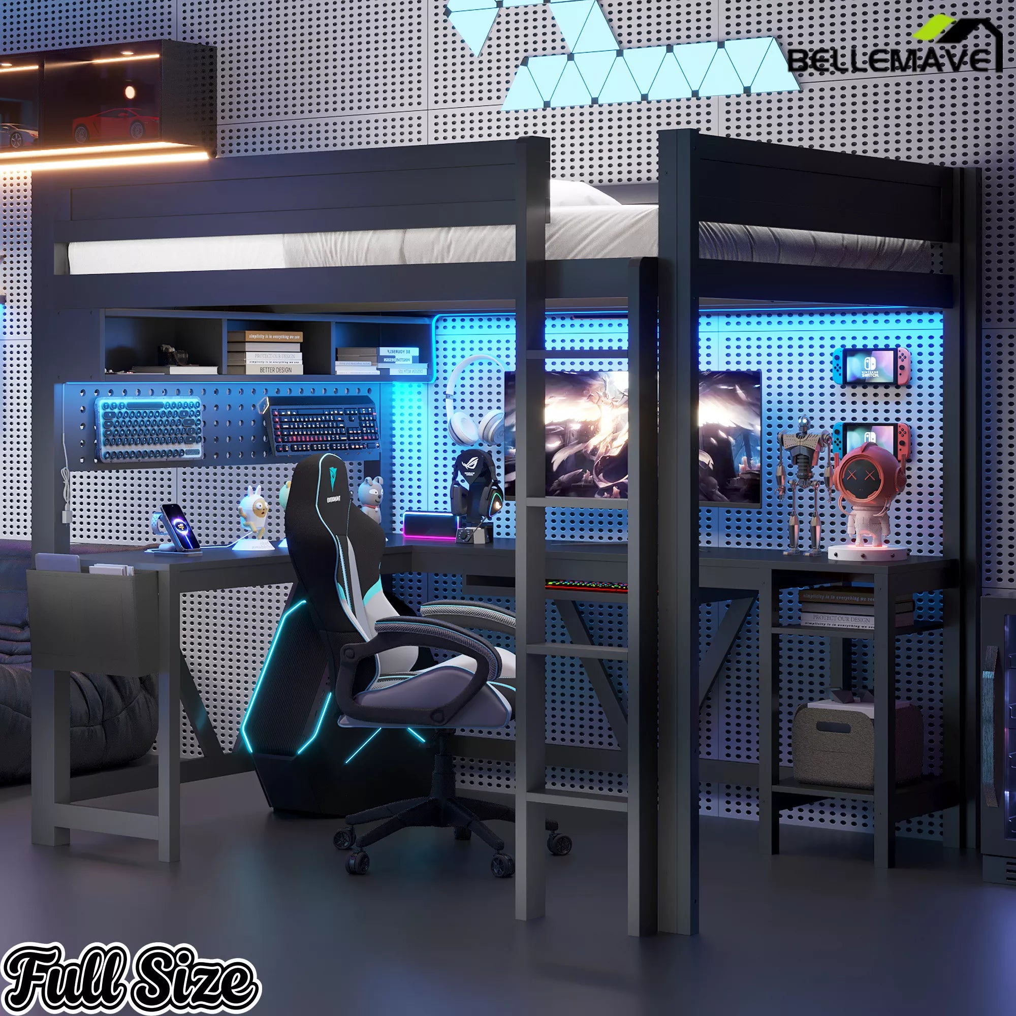 full size gaming loft bed with desk and LED lights