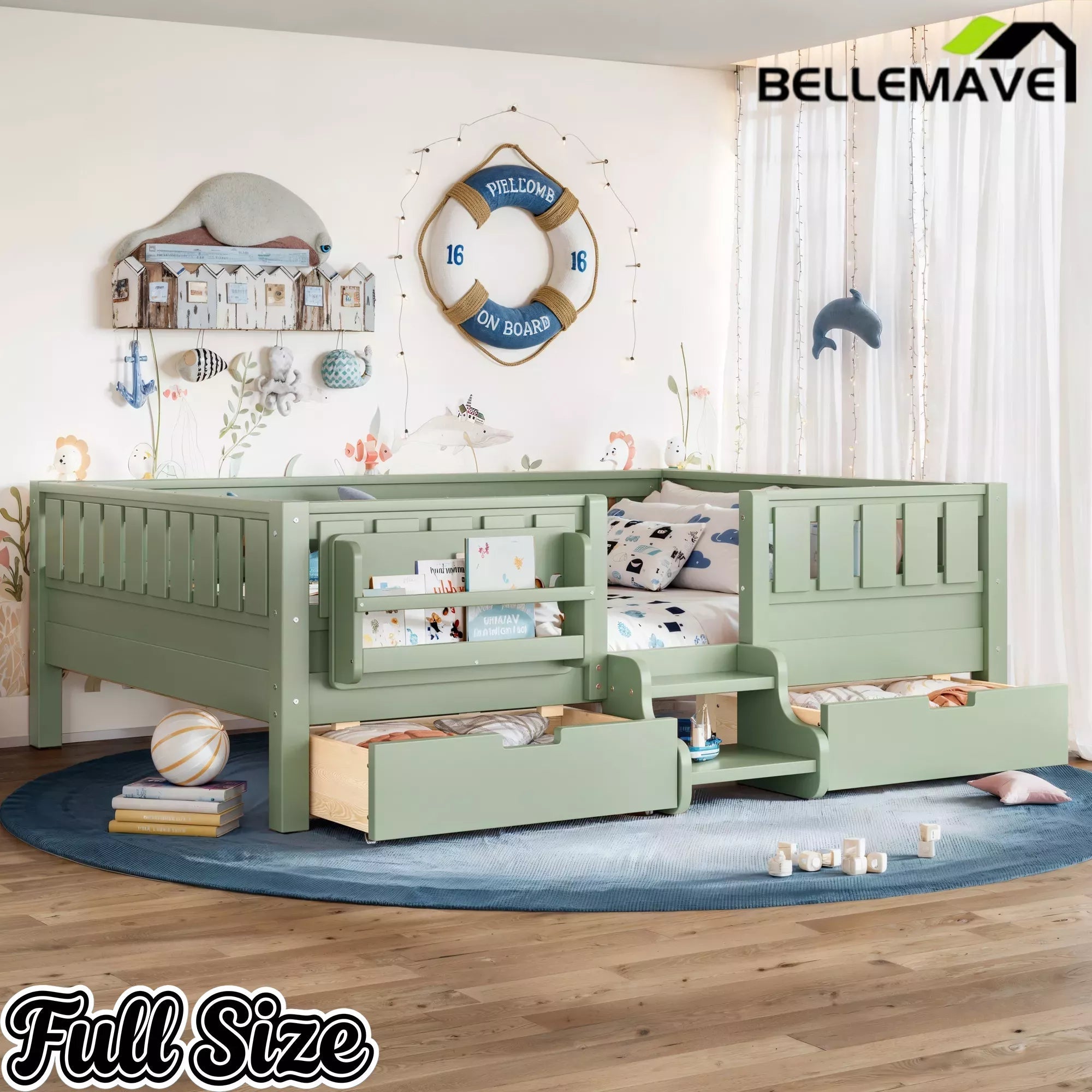 Bellemave® Montessori Bed with Stairs, Rails & Slats, Montessori Floor Bed with Bookshelf & 2 Storage Drawers for Girls & Boys Bellemave®