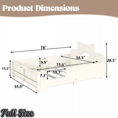 Product dimension diagram for full size wooden kids platform bed with bow headboard and safety guardrails