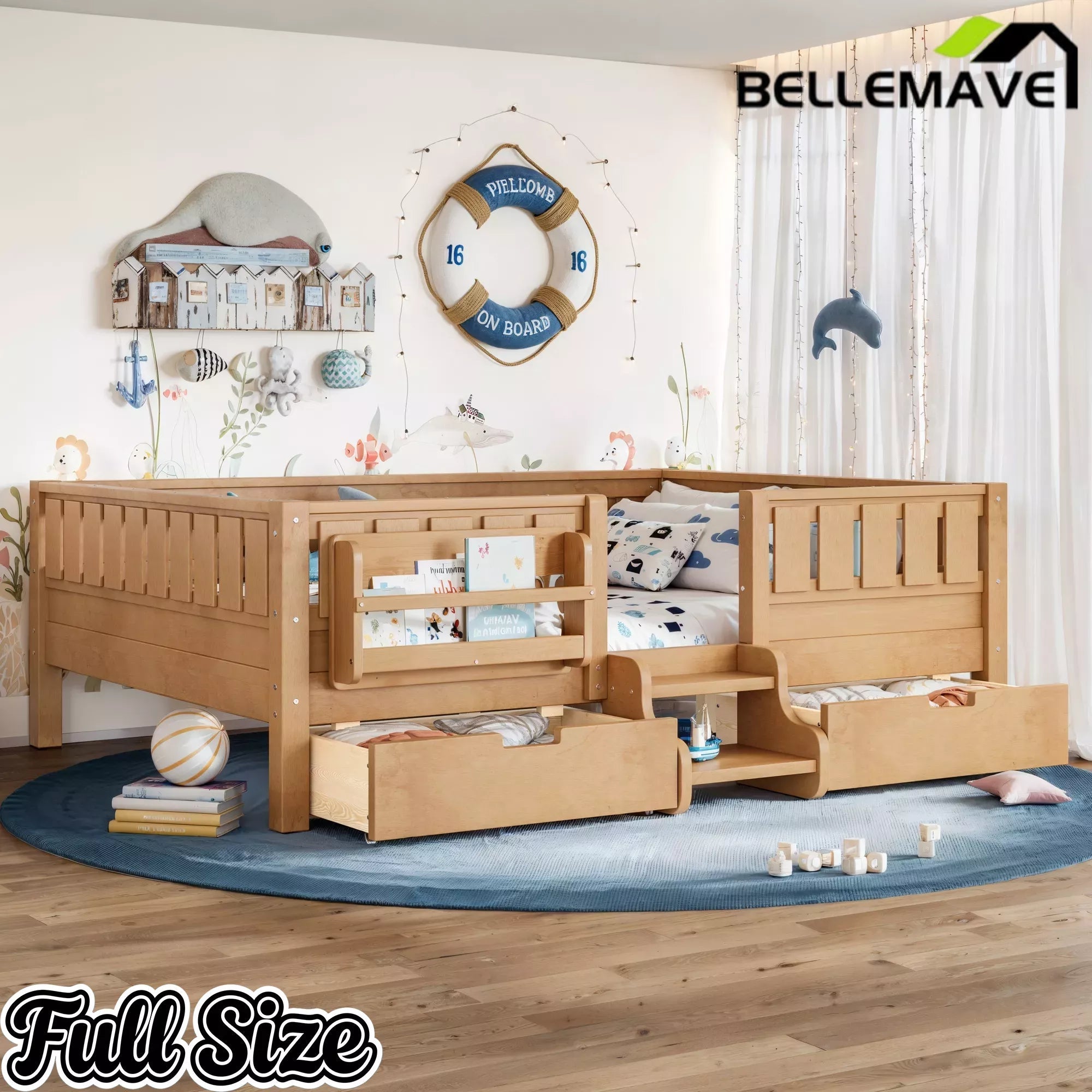 Bellemave® Montessori Bed with Stairs, Rails & Slats, Montessori Floor Bed with Bookshelf & 2 Storage Drawers for Girls & Boys Bellemave®