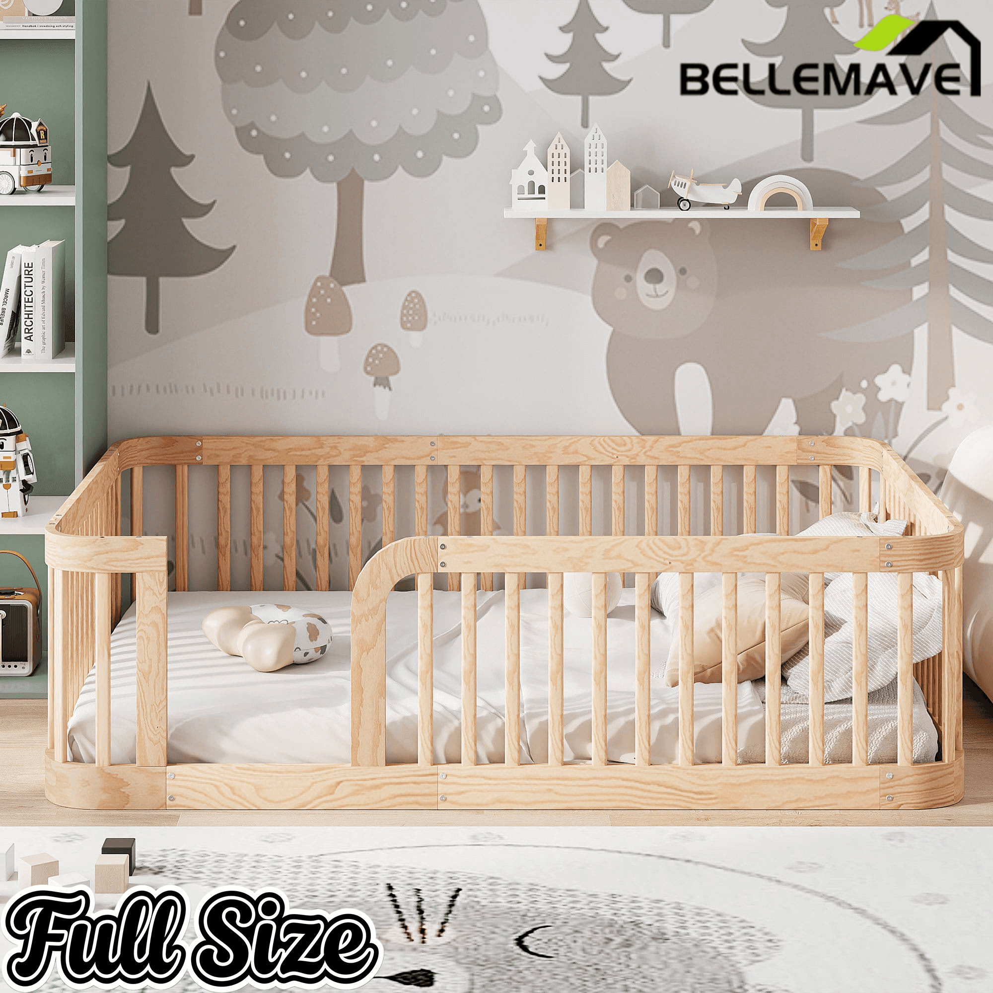 Bellemave® Twin Size Wood Montessori Floor Bed with Fence Bellemave®