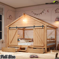 Bellemave® Farmhouse House Bed with Sliding Barn Door, Storage Drawers & Staircase, Wooden Kids House Bed Frame with Light