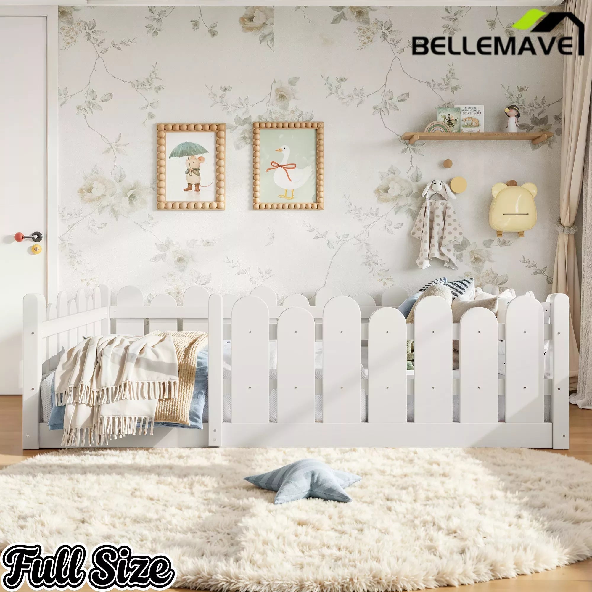 Bellemave® Kids Montessori Floor Bed with Rounded Safety Guardrail,Solid Wood Montessori Bed for Girls & Boys Bellemave®