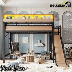 Bellemave® Loft Bed with Ladder, Storage Shelves & Slide,Wardrobe & Pegboard, Metal Loft Bed Frame with USB Ports & LED Lights Bellemave®