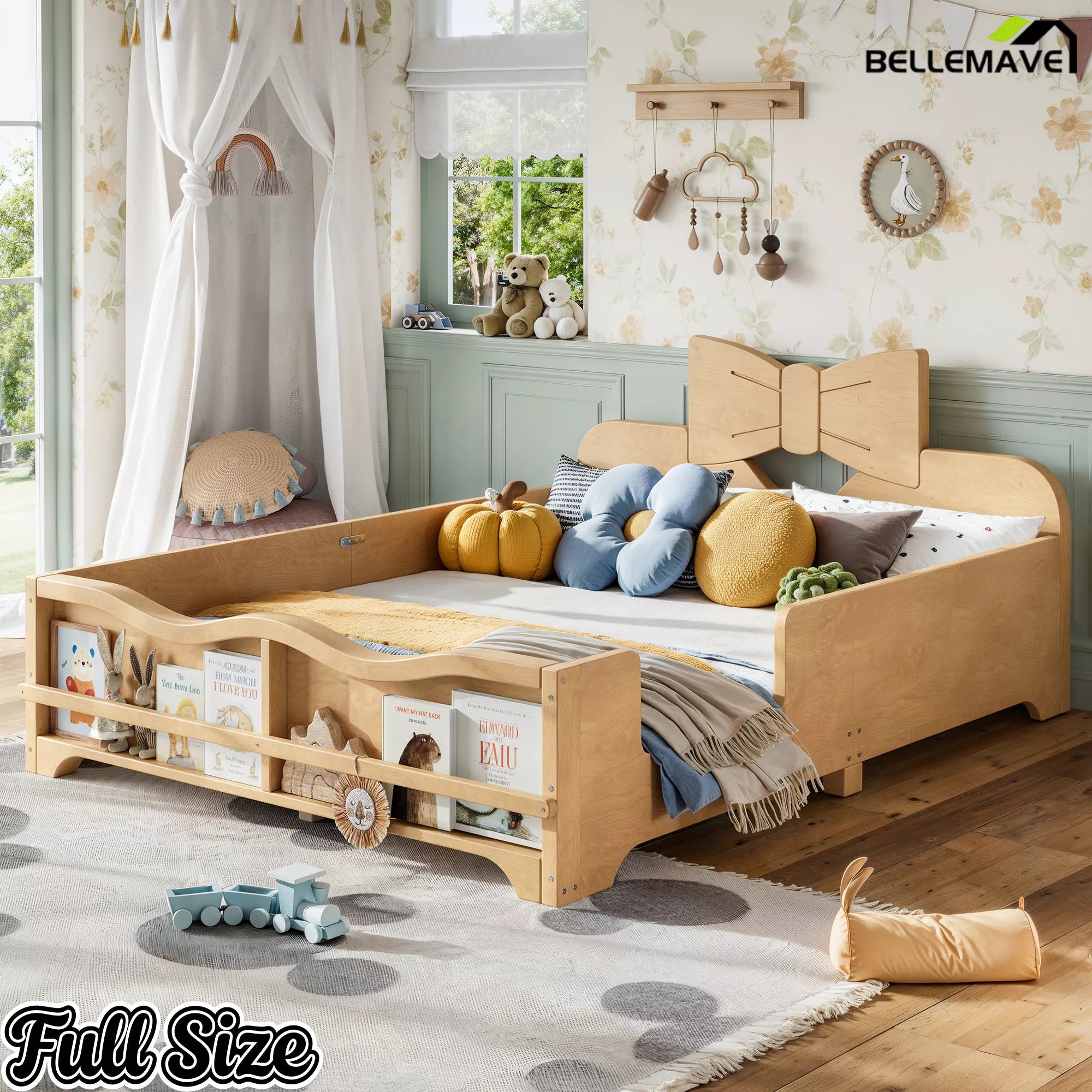 Walnut wood full size Montessori kids bed with bow‑shaped headboard and full perimeter safety rails in kids bedroom