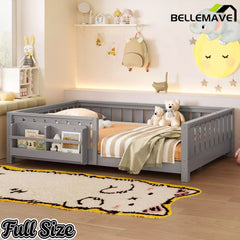 Bellemave® Kids Montessori Floor Bed with Safety Guardrails, Built-in Bookcase & Wooden Slats — Twin, Full, Queen Sizes Bellemave®