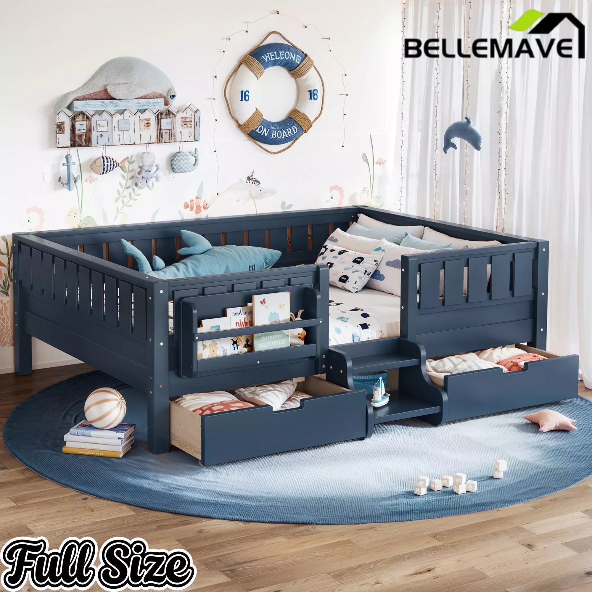 Bellemave® Montessori Bed with Stairs, Rails & Slats, Montessori Floor Bed with Bookshelf & 2 Storage Drawers for Girls & Boys Bellemave®