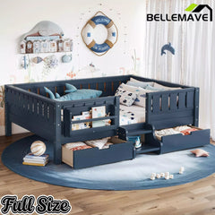 Bellemave® Montessori Bed with Stairs, Rails & Slats, Montessori Floor Bed with Bookshelf & 2 Storage Drawers for Girls & Boys Bellemave®