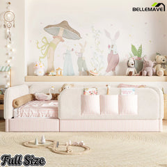 Bellemave® Kids Upholstered Floor Bed with Full Surround Safety Rails, Montessori Low Profile Bed with Teddy Fleece Frame & Side Storage Pocket