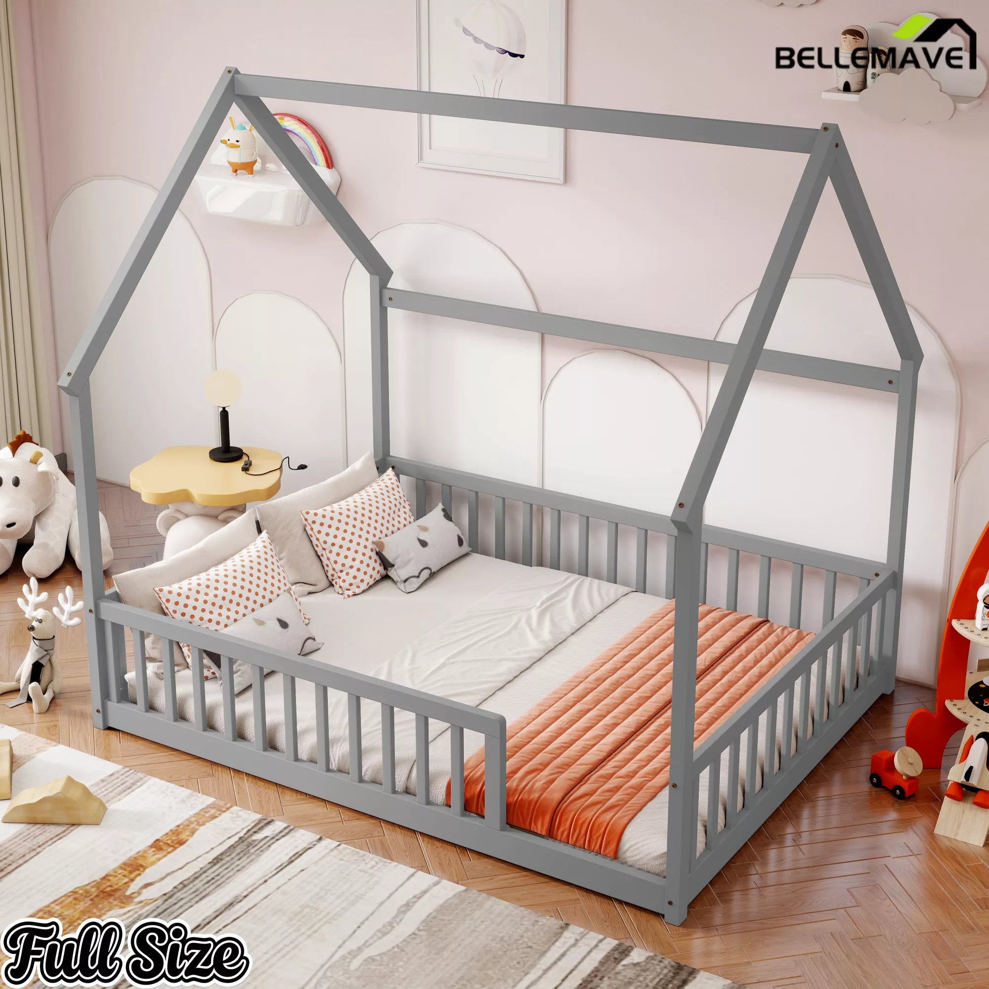 Bellemave® gray full Montessori house floor bed setup