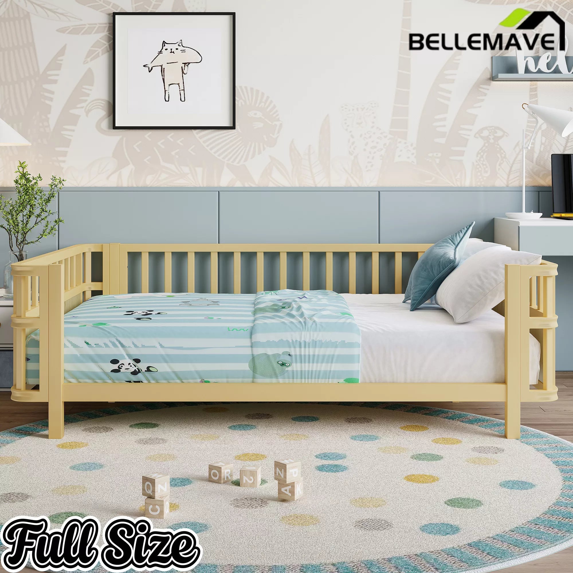 Bellemave® Montessori Floor Bed Frame with Removable Safety Rails – Solid Wood Low Profile Platform Bed for Kids Bellemave®