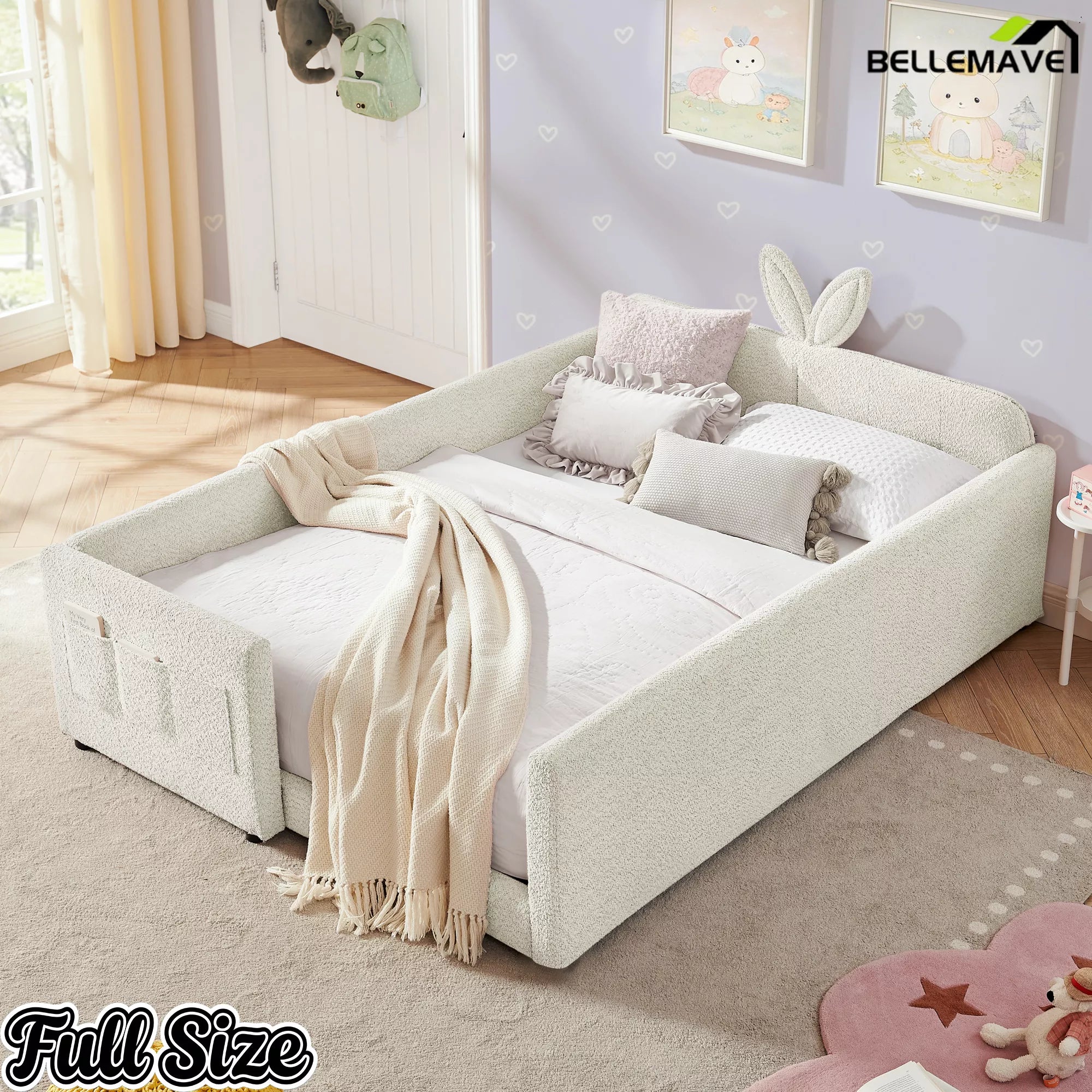 Full Size Bunny Ear Kids Platform Bed, Boucle Upholstered Bed with All‑Around Safety Rails and Side Book Storage Pockets, Cream White