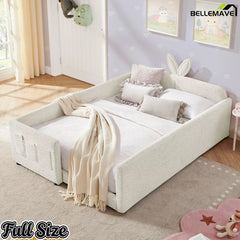 Full Size Bunny Ear Kids Platform Bed, Boucle Upholstered Bed with All‑Around Safety Rails and Side Book Storage Pockets, Cream White