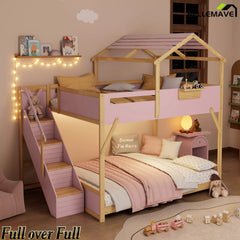 Bellemave® Twin Over Twin & Full Over Full House Bunk Bed with Stairs and 3-Color LED Lights for Kids and Teens